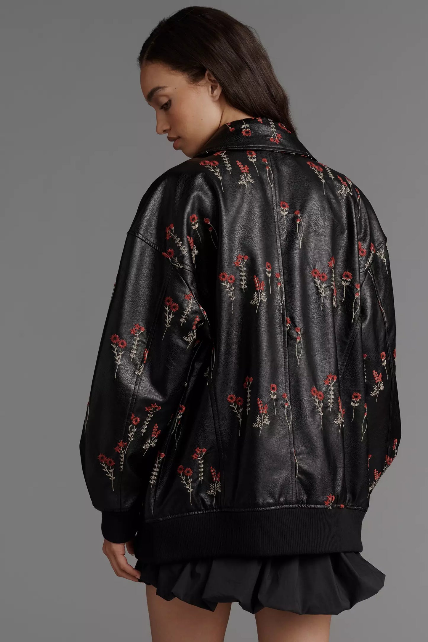 Maeve Leather Floral-Embroidered Bomber Jacket
