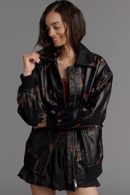 Maeve Leather Floral-Embroidered Bomber Jacket
