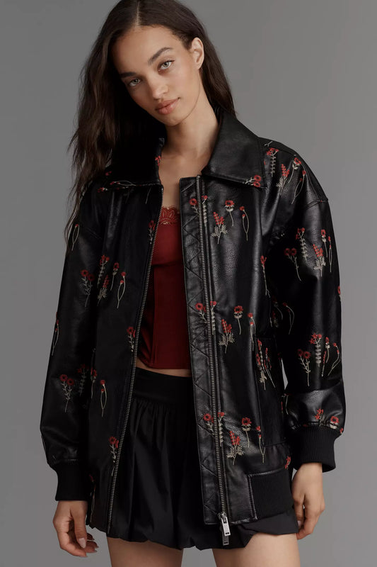 Maeve Leather Floral-Embroidered Bomber Jacket