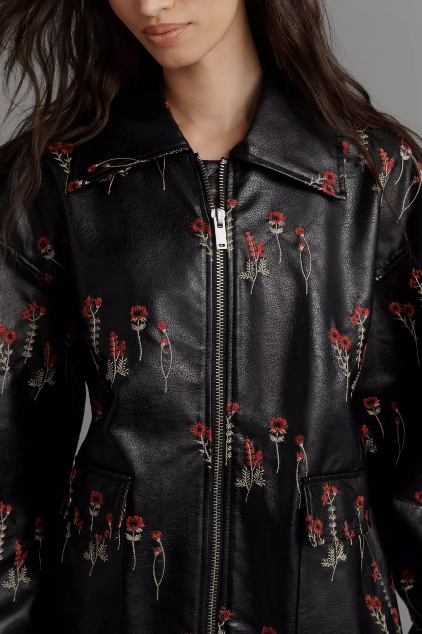 Maeve Leather Floral-Embroidered Bomber Jacket