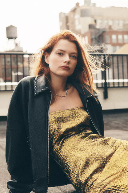 The Rylie Studded Leather Bomber Jacket