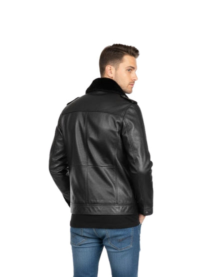 Men's Black Faux Leather Patch Pocket Shearling Collar Bomber Jacket