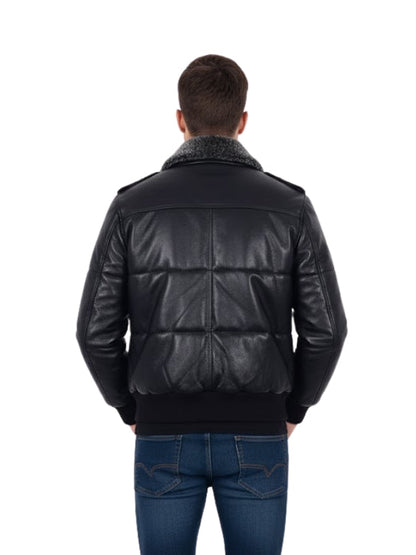 Men's Black Fur Collar Windproof Air Force Real Puffer Bomber Leather Jacket