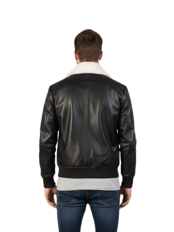 Men's Black Genuine Sheepskin Aviator With Fur Collar G-1 Bomber Leather Jacket