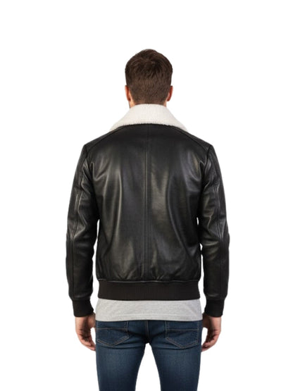 Men's Black Genuine Sheepskin Aviator With Fur Collar G-1 Bomber Leather Jacket