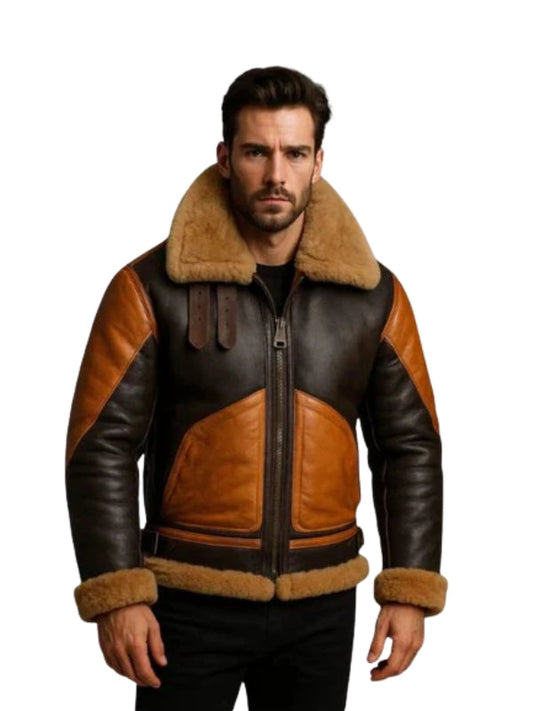 Men's Brown Aviator RAF B3 Real Sheepskin Faux Shearing Bomber Leather Jacket