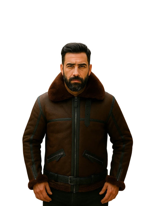 Men's Brown Aviator RAF Fur Leather Jacket