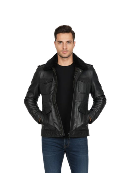 Men's Faux Leather Shearling Black Bomber Jacket