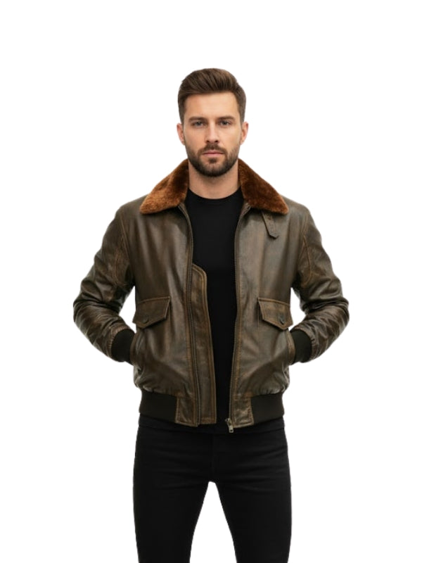 Men's G1 Aviator Distressed A-2 Raf Fur Brown Bomber Jacket