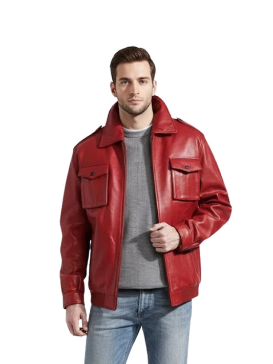 Men's Lambskin Stylish Biker Motorcycle Red Bomber Jacket