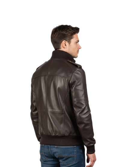 Men's Real Sheepskin High Neck Zipper Pocket Quilted Brown Bomber Leather Jacket
