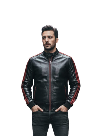 Men's Red Striped Collar Black Café Racer Bomber Leather