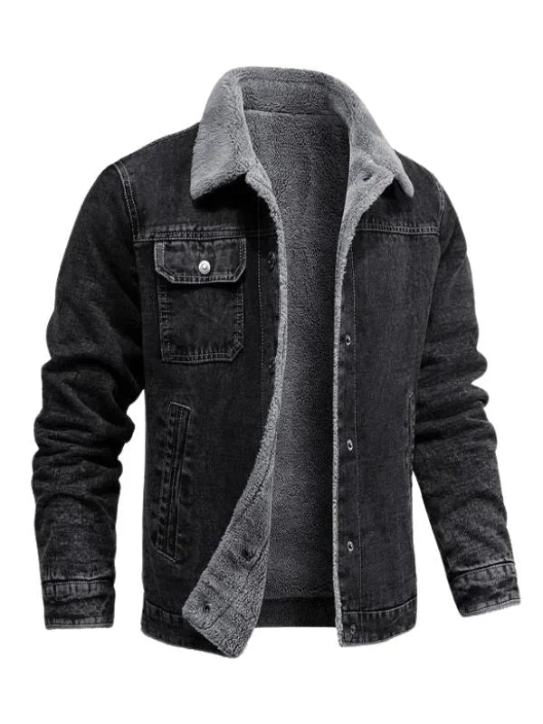 Men’s Slim Fit Black Denim Shearling Lining Jacket