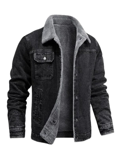 Men’s Slim Fit Black Denim Shearling Lining Jacket