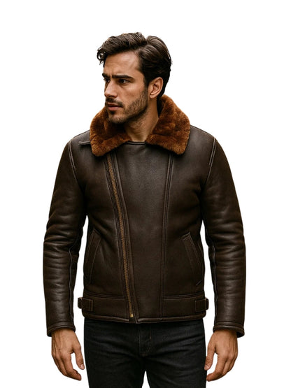 Men's Brown Aviator B3 Shearling Sheepskin Bomber Leather Jacket