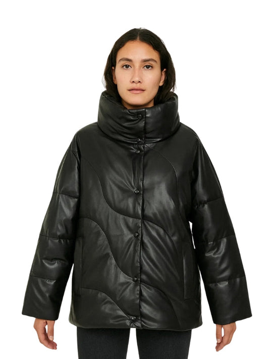 Person wearing a black puffer jacket on a white background