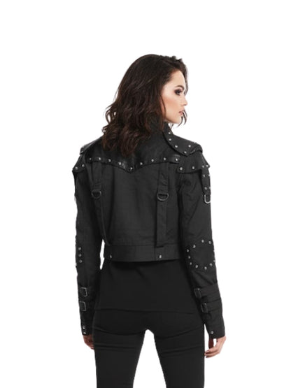 Black studded jacket worn by a model on a white background
