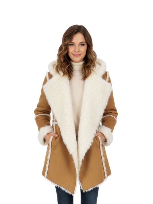 Woman wearing a tan coat with white fur trim on a white background