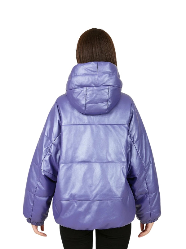 Person wearing a purple puffer jacket on a white background