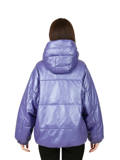 Person wearing a purple puffer jacket on a white background