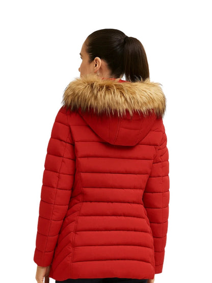 Red puffer jacket with fur hood on a white background