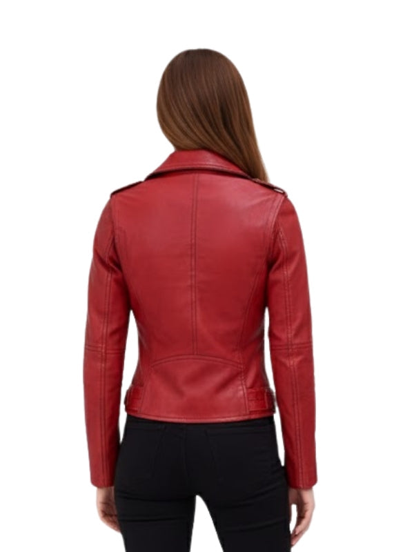 Red leather jacket worn by a person on a white background