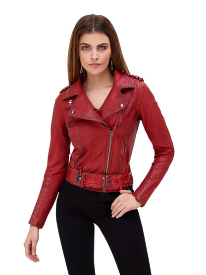 Red leather jacket worn by a model on a white background