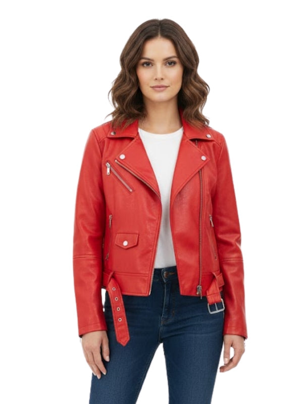 Woman wearing a red leather jacket on a white background