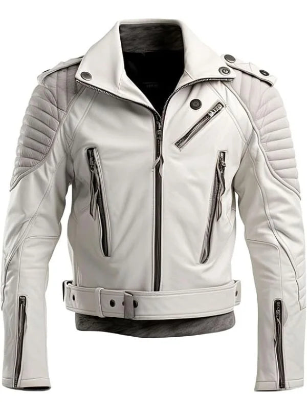 Men Cafe Racer Belted Biker Leather Jacket