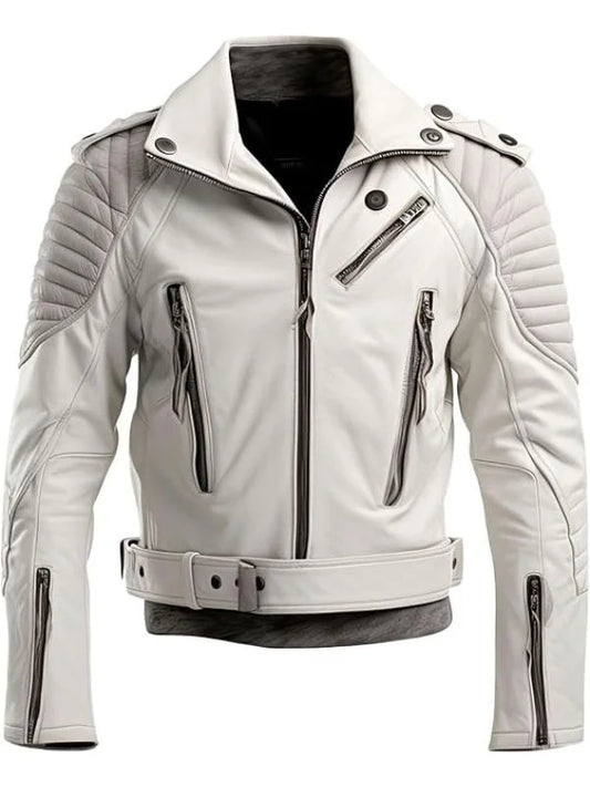 Men Cafe Racer Belted Biker Leather Jacket