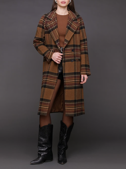Women's Brown Plaid Tweed Leather Coat